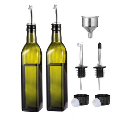 Kính màu xanh đậm chai dầu bếp với ống xăng thép không gỉ đường hầm vuông 500ml 2pcs