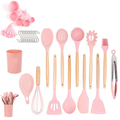 Bộ dụng cụ nấu ăn silicone 33 mảnh dụng cụ không dính và tay cầm bằng gỗ