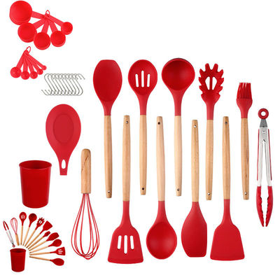 Bộ dụng cụ nấu ăn silicone 33 mảnh dụng cụ không dính và tay cầm bằng gỗ