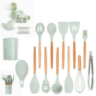 Bộ dụng cụ nấu ăn silicone 33 mảnh dụng cụ không dính và tay cầm bằng gỗ