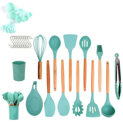 Bộ dụng cụ nấu ăn silicone 33 mảnh dụng cụ không dính và tay cầm bằng gỗ