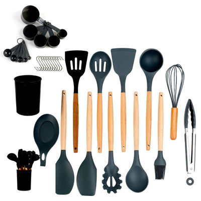 Bộ dụng cụ nấu ăn silicone 33 mảnh dụng cụ không dính và tay cầm bằng gỗ