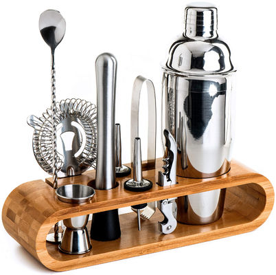Thiết kế tối giản 10 trong 1 Stainless Steel Cocktail Shaker Set với Stand gỗ 750ml