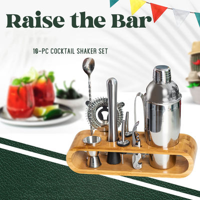 Thiết kế tối giản 10 trong 1 Stainless Steel Cocktail Shaker Set với Stand gỗ 750ml
