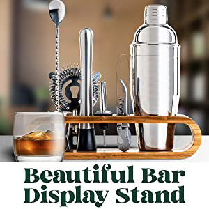 Thiết kế tối giản 10 trong 1 Stainless Steel Cocktail Shaker Set với Stand gỗ 750ml