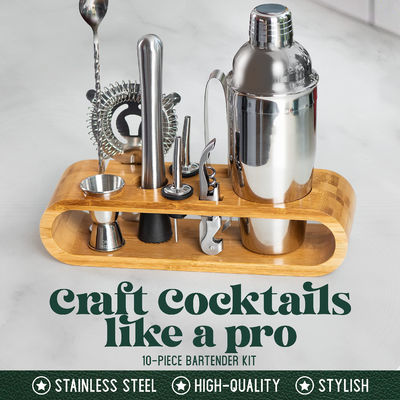 Thiết kế tối giản 10 trong 1 Stainless Steel Cocktail Shaker Set với Stand gỗ 750ml