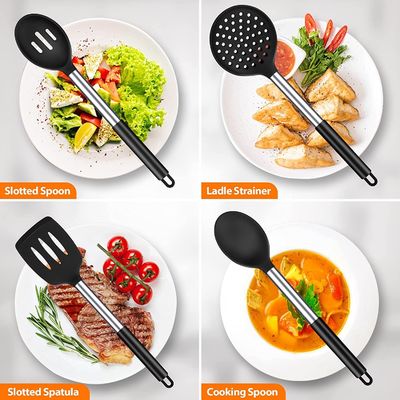 Nấu ăn thiết yếu Spatula không dính và muỗng rò rỉ được đặt với thanh thép không gỉ