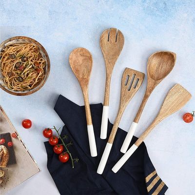 5 mảnh Acacia gỗ nhà bếp nấu ăn Set muỗng Spatula fork Slotted Turner góc muỗng