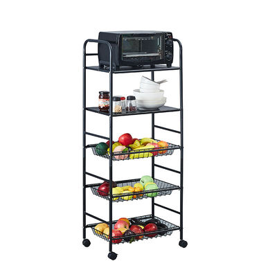 5-Layer Rotating Carbon Steel Trolley Căn bếp kệ với cấu trúc vuông và bánh xe