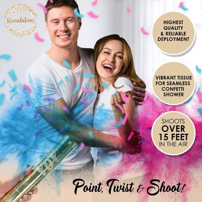 Những khẩu pháo bột confetti 100% phân hủy sinh học hoàn hảo cho đồ dùng cho bữa tiệc tiết lộ giới tính.