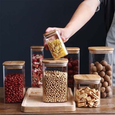 Thùng chứa thực phẩm thiết kế hiện đại với nắp gỗ tre 300ml 500ml bình thủy tinh gia vị