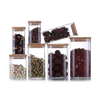 Thùng chứa thực phẩm thiết kế hiện đại với nắp gỗ tre 300ml 500ml bình thủy tinh gia vị