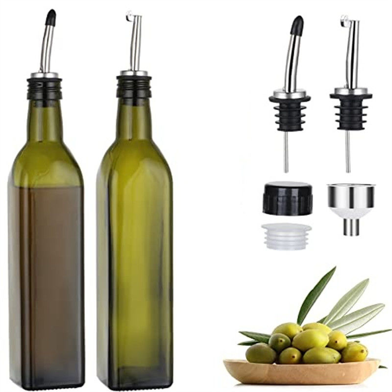 Kính màu xanh đậm chai dầu bếp với ống xăng thép không gỉ đường hầm vuông 500ml 2pcs