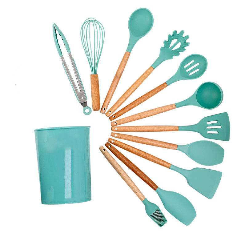 Bộ dụng cụ nấu ăn silicone màu xanh lá cây 18 mảnh với thùng lưu trữ bao gồm spatula không dính