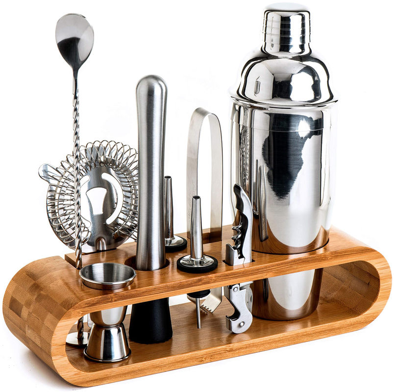 Thiết kế tối giản 10 trong 1 Stainless Steel Cocktail Shaker Set với Stand gỗ 750ml