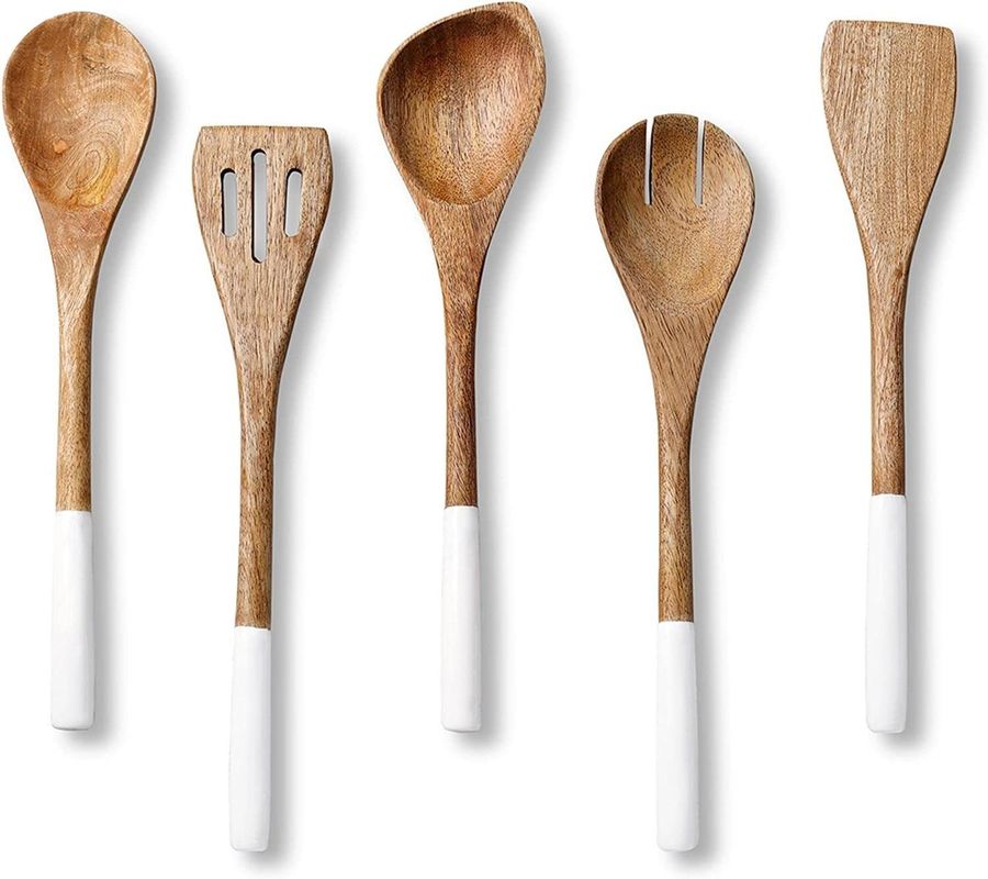 5 mảnh Acacia gỗ nhà bếp nấu ăn Set muỗng Spatula fork Slotted Turner góc muỗng